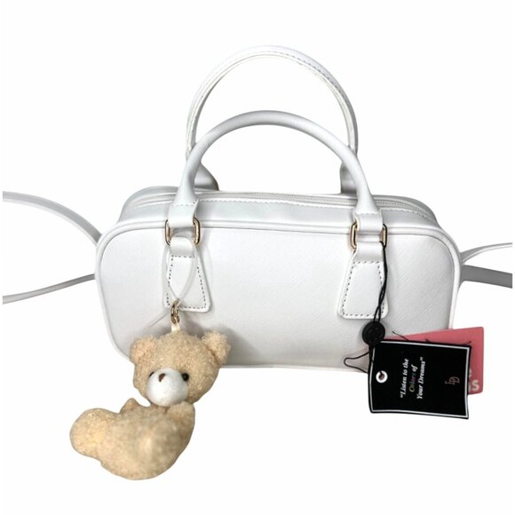 Like Dreams Mini White Vegan Leather Shoulder Bag With Teddy Bear Charm - Picture 3 of 11
